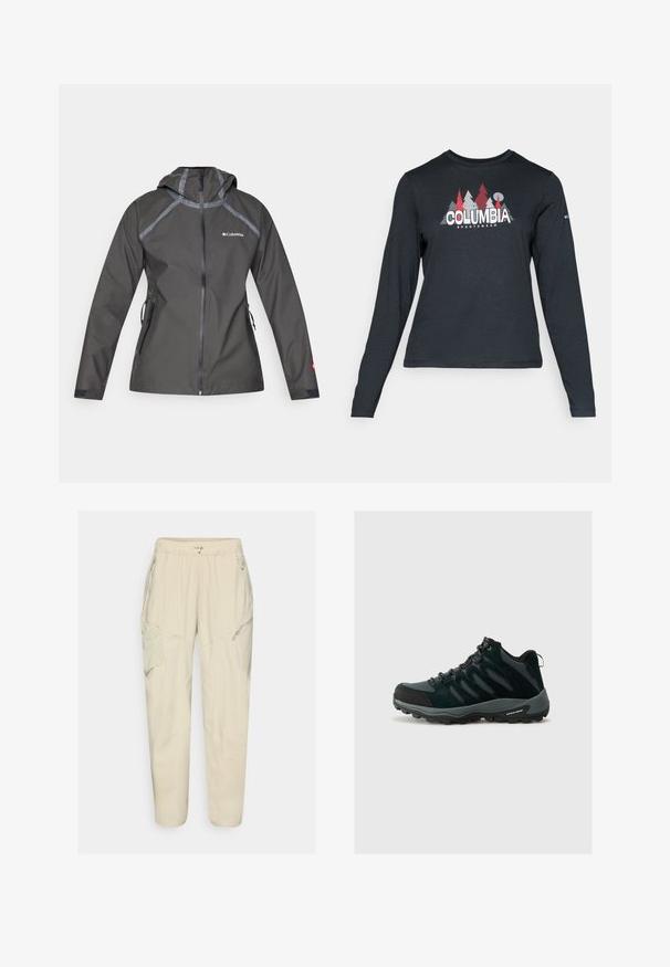 Mørkegrå vanntett jakke med hette, med sømdetaljer, glidelåslommer og logo på brystet. Teksturert stoff.; Langermet mørkegrå skjorte med grafikk av røde trær og fjell; "COLUMBIA" logo i fet hvit tekst. Mykt stoff, standard rund hals.; Lys beige cargo bukser med elastisk liv, glidelåslommer og paneldetaljer. Laget av et glatt, lett stoff.; Columbia REDMOND - Fjellsko - black/citron haze