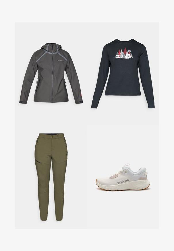 Tamno siva vodootporna jakna s kapuljačom, s naglašenim šavovima, zatvorenim džepovima i logom na prsima. Tekstura tkanine.; Majica dugih rukava tamnosive boje s grafikom crvenih drveća i planina; logo "COLUMBIA" u podebljanom bijelom tekstu. Mekana tkanina, standardni okrugli izrez.; ODLO PANTS REGULAR LENGTH ASCENT LIGHT - Hlače za otvoreno - forest night; Lagani atletski cipele Columbia izrađene od bijele mrežaste tkanine s teksturiranom sivom potplatom i gumom za bolje prianjanje. Imaju podstavljeni ovratnik i dizajn s vezicama.