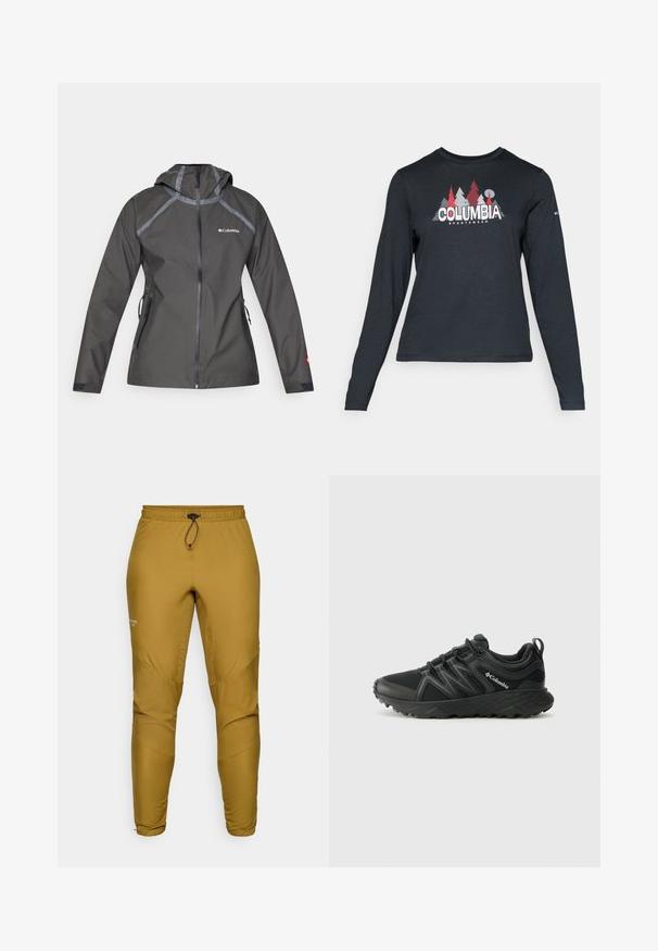 Chaqueta impermeable gris oscuro con capucha, que presenta detalles en las costuras, bolsillos con cremallera y un logotipo en el pecho. Tejido texturizado.; Camisa de manga larga gris oscuro con un gráfico de árboles rojos y montañas; logo "COLUMBIA" en texto blanco en negrita. Tela suave, cuello redondo estándar.; Pantalones ligeros de color mostaza, fabricados con tejido sintético, que cuentan con una cintura elástica con cordón de ajuste y piernas ajustadas con detalles en panel.; Columbia PEAKFREAK - Zapatillas de senderismo - black