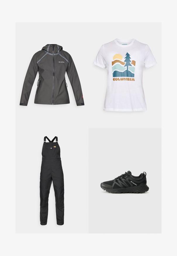 Tumedast hall vihmavaba jakk kapuutsiga, millel on õmbluste aktsendid, tõmblukuga taskud ja logo rinnal. Tekstuuriga kangas.; Valge lühikeste varrukatega T-särk, mille esiküljel on graafika päikesest, puust, mägedest ja sõnast "Columbia" pruunides tähtedes.; Fjällräven VARDAG DUNGAREE TROUSERS W - Õuepüksid - black; Columbia PEAKFREAK - Matkajalatsid - black
