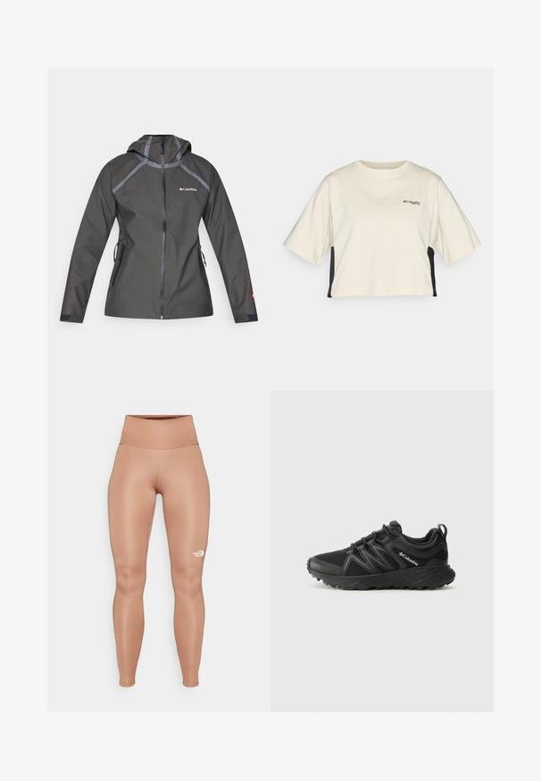 Tmavě šedá voděodolná bunda s kapucí, ozdobená švy, kapsami na zip a logem na hrudi. Texturovaná látka.; Krémové zkrácené tričko s kulatým výstřihem, krátkými rukávy a černými bočními panely; má malé černé logo na hrudi.; Vysoké, těsně přiléhající legíny v světle hnědé barvě. Vyrobené z hladkého, pružného materiálu s bílým logem na levém stehně.; Columbia PEAKFREAK - Trekingové boty - black