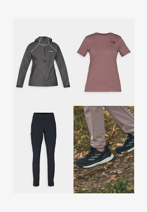 Dark gray waterproof jacket with a hood, featuring seam accents, zippered pockets, and a logo on the chest. Textured fabric.; Short-sleeve, crewneck t-shirt in muted mauve, made from soft fabric. Features a small, black logo on the upper left chest.; Black athletic pants with a slim fit, elastic waistband, and a side pocket featuring a zipper. Smooth, stretchy fabric with minimal seams.; Black athletic shoes with light gray stripes, featuring a textured upper, white cushioning sole, worn with light pink pants, on a leaf-covered ground.