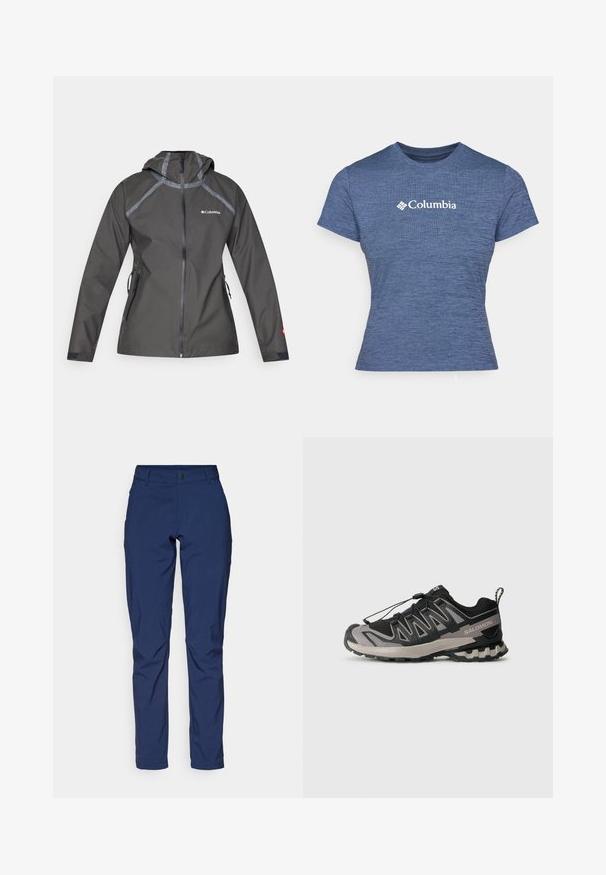 Tamno siva vodootporna jakna s kapuljačom, s naglašenim šavovima, zatvorenim džepovima i logom na prsima. Tekstura tkanine.; Plava majica kratkih rukava od teksturiranog materijala, s bijelim Columbia logotipom na prsima, okruglim izrezom i prilagođenim krojem.; Tamno plave hlače od glatkog materijala, klasičnog kroja, s prednjim džepovima i zatvaranjem na zip s gumbom.; Crno-siva atletska cipela s mrežastim gornjim dijelom, gumenim potplatom i elastičnim sistemom vezanja. Ima pojačani vrh i strukturirane detalje.