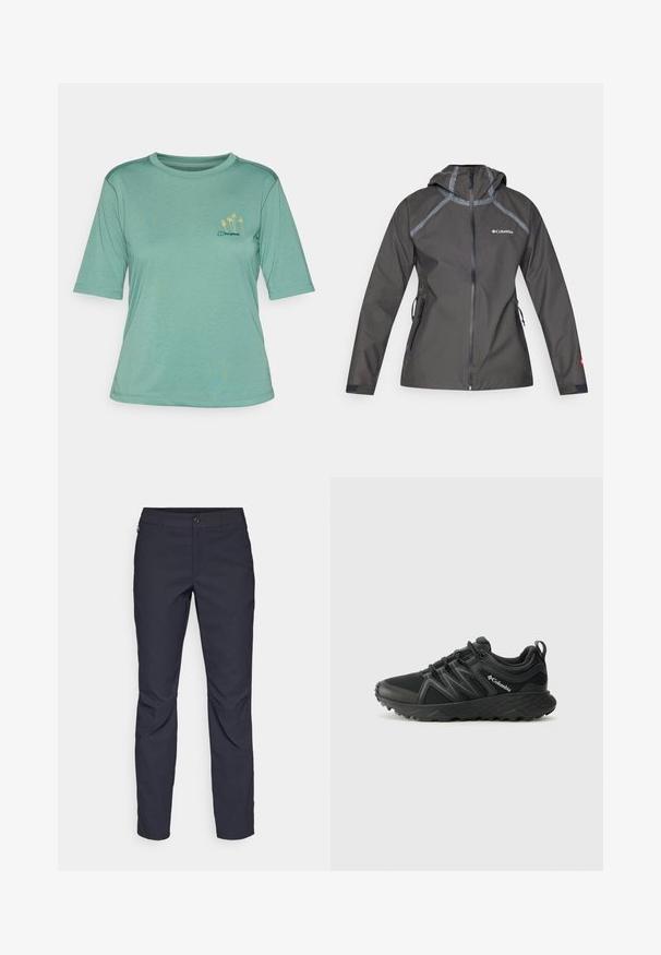 Σκούρο γκρι αδιάβροχο μπουφάν με κουκούλα, που διαθέτει ραφές, φερμουάρ στις τσέπες και λογότυπο στο στήθος. Υφασμάτινη υφή.; Πράσινο κοντομάνικο μπλουζάκι από μαλακό ύφασμα. Έχει στρογγυλή λαιμόκοψη και ένα μικρό κίτρινο κέντημα με φοίνικα στο αριστερό στήθος.; Ναυτικού χρώματος παντελόνι από λείο ύφασμα, με κλείσιμο μπροστά με κουμπί, σε εφαρμοστό σχέδιο και πτυχώσεις στα γόνατα.; Columbia PEAKFREAK - Παπούτσια πεζοπορίας - black
