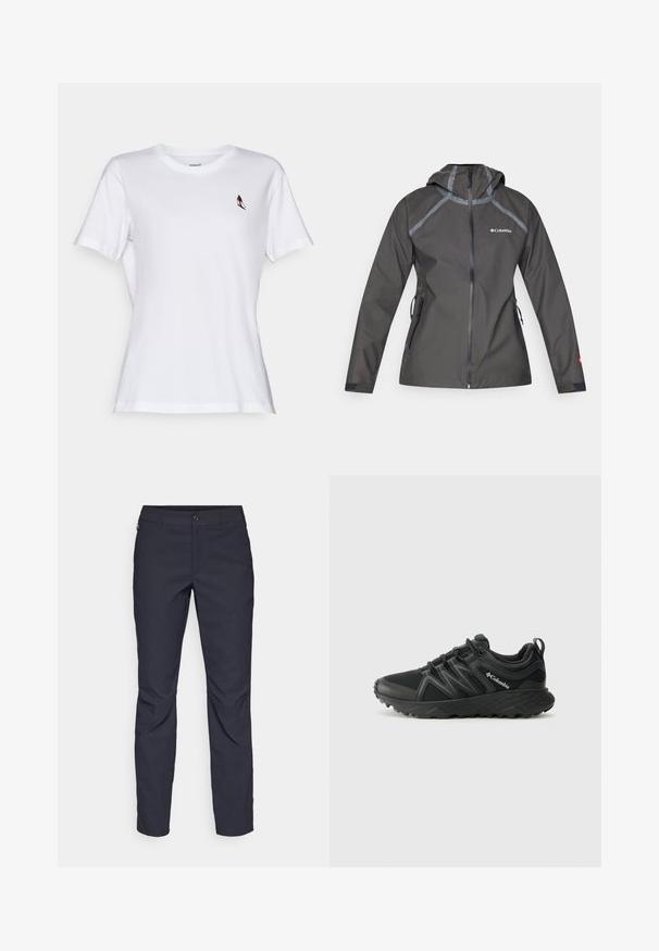Tamsiai pilka vandeniui atspari striukė su gobtuvu, su siūlėmis akcentais, užtrauktukais kišenėse ir logotipu ant krūtinės. Tekstūruota medžiaga.; Balta medvilninė marškinė su trumpomis rankovėmis, apvaliu iškirpimu, su mažais daugiaspalviais paukščių siuvinėjimais kairiajame krūtinės rajone.; Tamsiai mėlynos kelnės, pagamintos iš lygaus audinio, su priekiniais mygtukais, lieknos silueto ir raukšlėmis ant kelių.; Columbia PEAKFREAK - Turistiniai batai - black