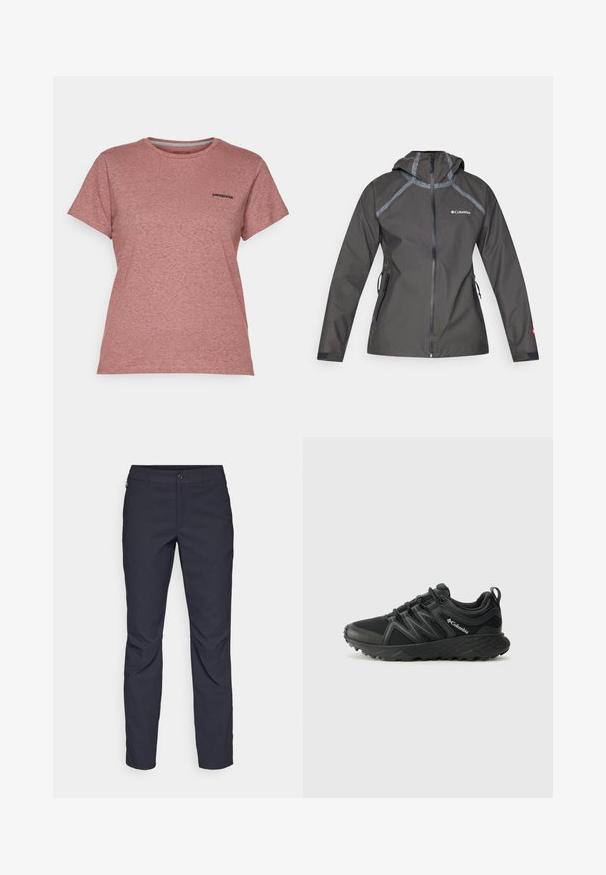 Chaqueta impermeable gris oscuro con capucha, que presenta detalles en las costuras, bolsillos con cremallera y un logotipo en el pecho. Tejido texturizado.; Patagonia LOGO RESPONSIBILI-TEE - Camiseta estampada - dulse mauve; Pantalones azul marino de tela suave, que presentan un cierre delantero con botón, un diseño ajustado y detalles con pliegues en las rodillas.; Columbia PEAKFREAK - Zapatillas de senderismo - black