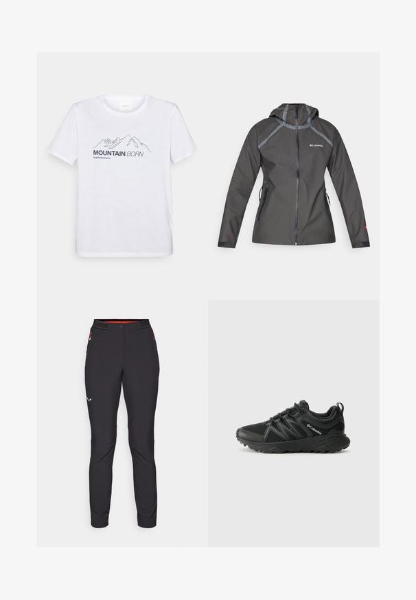 Tumedast hall vihmavaba jakk kapuutsiga, millel on õmbluste aktsendid, tõmblukuga taskud ja logo rinnal. Tekstuuriga kangas.; Peak Performance EXPLORE GRAPHIC TEE - Trükipildiga T-särk - white; Salewa PEDROC PANT - Õuepüksid - black out; Columbia PEAKFREAK - Matkajalatsid - black