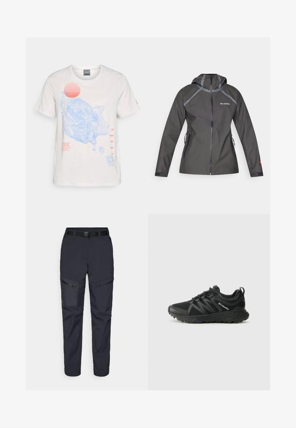 Tmavošedá nepremokavá bunda s kapucňou, s prešívaním, zipsovými vreckami a logom na hrudi. Textúrovaná tkanina.; Biely bavlnený tričko s modrými kontúrovými líniami a červenou grafikou slnka, s červeným textom na prednej strane. Krátke rukávy, okrúhly výstrih.; Námornícke outdoorové nohavice vyrobené zo syntetického materiálu, s vreckami na zips, opaskom a zúženým strihom. Hladký povrch s minimálnymi akcentmi.; Columbia PEAKFREAK - Turistické topánky - black