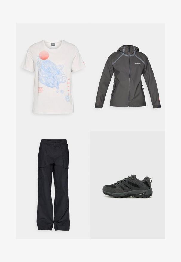 Tmavě šedá voděodolná bunda s kapucí, ozdobená švy, kapsami na zip a logem na hrudi. Texturovaná látka.; Bílý bavlněný tričko s modrými konturovými liniemi a grafickým motivem červeného slunce, s červeným textem na přední straně. Krátké rukávy, kulatý výstřih.; Columbia BREA FALLS™ COTTON RIPSTOP PANT - Outdoorové kalhoty - black; Columbia REDMOND - Trekingové boty - black/citron haze