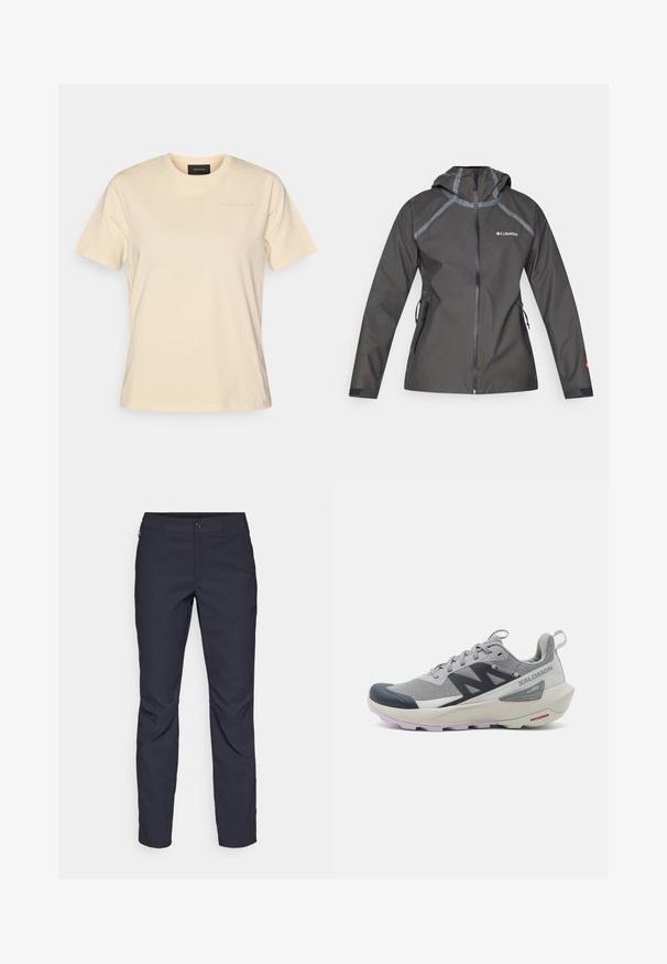 Tmavě šedá voděodolná bunda s kapucí, ozdobená švy, kapsami na zip a logem na hrudi. Texturovaná látka.; Krátký rukáv, tričko s kulatým výstřihem z jemné béžové bavlny, s malým tonálním logem na hrudi a volným střihem.; Námořnické modré kalhoty vyrobené z hladké tkaniny, s předním zapínáním na knoflík, přiléhavým střihem a sklady v oblasti kolen.; Běžecká obuv Salomon v šedé a námořnické barvě má prodyšný síťový svršek, gumovou špičku a texturovanou podrážku s levandulovými akcenty.
