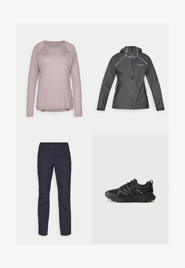 Tumši pelēkā ūdensnecaurlaidīgā jaka ar kapuci, kurai ir šuvju akcenti, rāvējslēdzēja kabatas un logo uz krūtīm. Strukturēts audums.; Gaiši rozā garās piedurknes krekls, izgatavots no mīksta auduma. Tam ir raglāna piedurknes, apaļa dekoltē un neliels logo prints uz krūškurvja.; Navy zila bikses, kas izgatavotas no gludas auduma, ar priekšējo pogu aizdari, pieguļošu siluetu un krokām pie ceļgaliem.; Columbia PEAKFREAK - Pārgājienu apavi - black