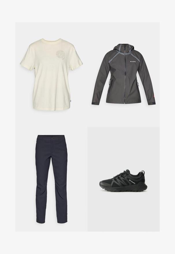 Casaco impermeável cinza escuro com capuz, apresentando detalhes nas costuras, bolsos com fecho e um logótipo no peito. Tecido texturizado.; T-shirt de manga curta em algodão bege claro, apresentando um gráfico redondo com o texto "SEE YOU OUT HERE" e elementos da natureza no peito.; Calças azul-marinho feitas de tecido liso, com fecho frontal em botão, design slim-fit e detalhes pregueados nos joelhos.; Columbia PEAKFREAK - Sapatos de caminhada - black