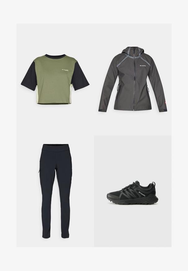 Temno siva vodoodporna jakna s kapuco, ki ima šiveče akcentne dele, zadrgo žepov in logotip na prsih. Teksturna tkanina.; Kratka majica s kratkimi rokavi, z zeleno sprednjo stranjo, črnimi rokavi in kontrastnimi stranskimi paneli. Ima logotip na prsih.; Črne športne hlače s slim fit krojem, elastičnim pasom in stransko žepom z zadrgo. Gladek, raztegljiv material z minimalnimi šivi.; Columbia PEAKFREAK - Pohodniški čevlji - black