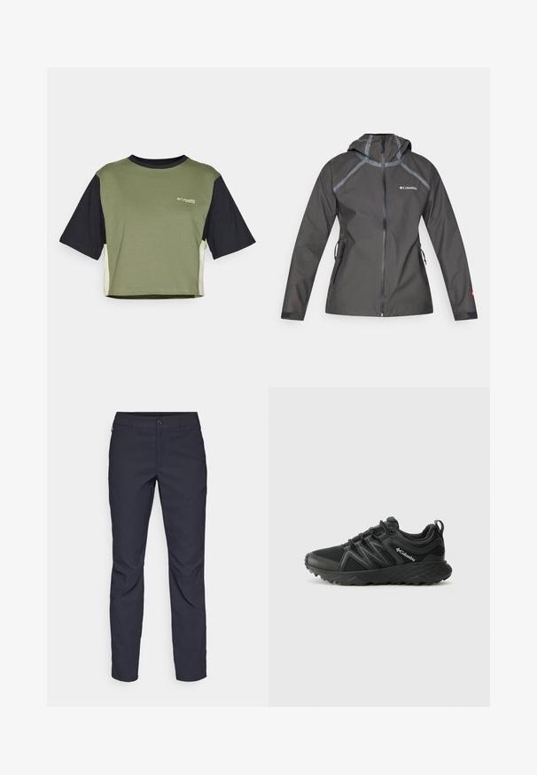 Chaqueta impermeable gris oscuro con capucha, que presenta detalles en las costuras, bolsillos con cremallera y un logotipo en el pecho. Tejido texturizado.; Camiseta recortada de manga corta con el frente verde, mangas negras y paneles laterales en contraste. Presenta un logo en el pecho.; Pantalones azul marino de tela suave, que presentan un cierre delantero con botón, un diseño ajustado y detalles con pliegues en las rodillas.; Columbia PEAKFREAK - Zapatillas de senderismo - black