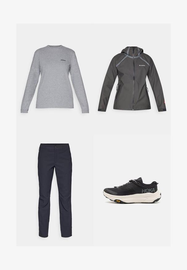 Sötétszürke vízálló dzseki kapucnival, varrásokkal kiemelt részletekkel, cipzáras zsebekkel és mellkasi logóval. Texturált anyag.; Patagonia LOGO RESPONSIBILI-TEE - Hosszú ujjú felső - gravel heather; Sötétkék nadrág sima anyagból, elülső gombos záródással, slim-fit fazonnal és gyűrött részletekkel a térdeken.; Fekete sportcipők lélegző hálós felsőrésszel, gumitípusú talppal, fehér párnázott középtalppal és fényvisszaverő fűzőkkel. Vibram logó a talpon.