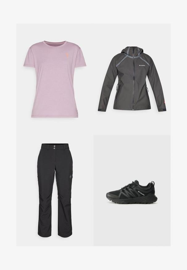 Tmavošedá nepremokavá bunda s kapucňou, s prešívaním, zipsovými vreckami a logom na hrudi. Textúrovaná tkanina.; Svetlofialová tričko s krátkym rukávom, okrúhlym výstrihom a oranžovým kvetinovým emblémom na hrudi. Mäkká, hladká textúra látky.; Čierne vonkajšie nohavice so strihom do rovna, s gombíkovým zapínaním, zipsovými bočnými vreckami a logo nášivkou na ľavom stehne.; Columbia PEAKFREAK - Turistické topánky - black