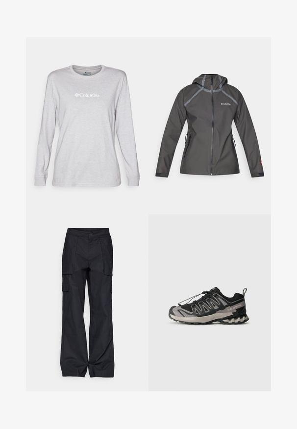 Dark gray waterproof jacket with a hood, featuring seam accents, zippered pockets, and a logo on the chest. Textured fabric.; Gray long-sleeve shirt made of cotton blend, featuring a crew neckline and printed "Columbia" logo in white on the chest.; Columbia BREA FALLS™ COTTON RIPSTOP PANT - Outdoor trousers - black; Black and gray athletic shoe with mesh upper, rubber sole, and elastic lace system. Features a reinforced toe and textured accents.