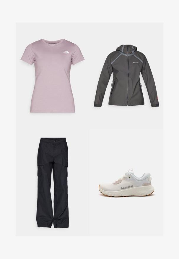 Jachetă impermeabilă de culoare gri închis, cu glugă, având accente de cusătură, buzunare cu fermoar și un logo pe piept. Material texturat.; The North Face W SS SD SLIM TEE - Tricou basic - purple chalk; Columbia BREA FALLS™ COTTON RIPSTOP PANT - Pantaloni outdoor - black; Pantofii sport Columbia, ușori, din plasă albă, cu o talpă texturată gri și tracțiune din cauciuc. Prezintă o margine căptușită și un design cu șireturi.