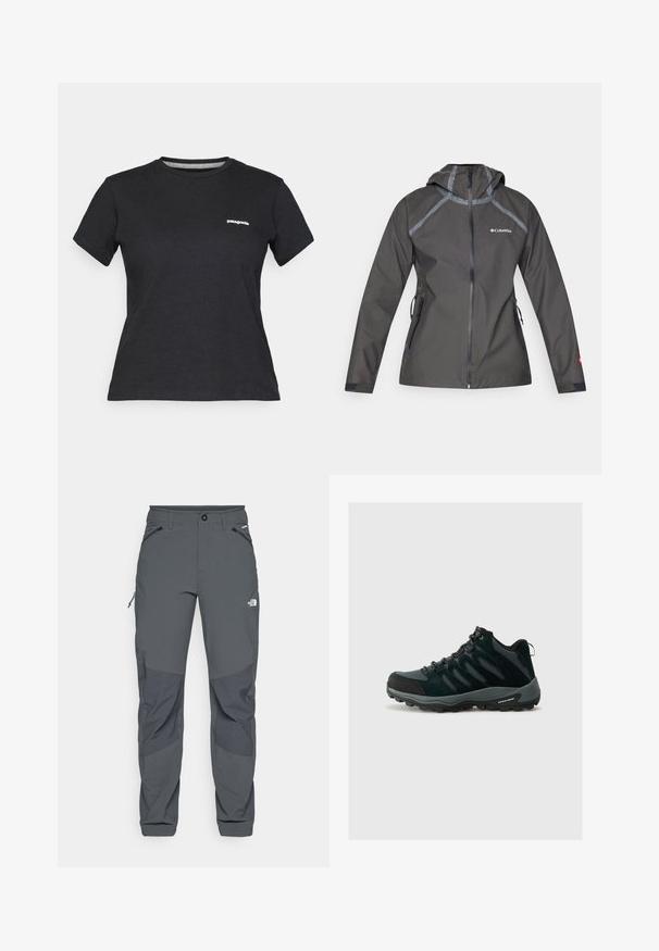 Casaco impermeável cinza escuro com capuz, apresentando detalhes nas costuras, bolsos com fecho e um logótipo no peito. Tecido texturizado.; T-shirt de algodão preto com decote redondo e mangas curtas. Apresenta um logo branco "Patagonia" na área do peito esquerdo.; Calças de exterior cinza escuras com remendos reforçados nos joelhos, bolsos laterais e frontais com fecho éclair, fecho de botão e o logotipo The North Face na coxa.; Columbia REDMOND - Sapatos de caminhada - black/citron haze