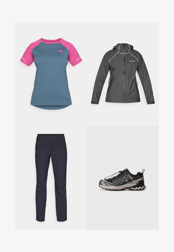 Temno siva vodoodporna jakna s kapuco, ki ima šiveče akcentne dele, zadrgo žepov in logotip na prsih. Teksturna tkanina.; Športna majica s kratkimi rokavi, ki ima teal trup in rožnate raglan rokave. Izdelana iz lahkega materiala s krožnim ovratnikom.; Mornarji modri hlače iz gladkega blaga, z zapiranjem na gumb spredaj, tesno prilegnjenim krojem in gubami na kolenih.; Črne in sive športne čevlje z mrežasto zgornjim delom, gumijastim podplatom in elastiko za vezalke. Imajo ojačan prst in teksturirane detajle.