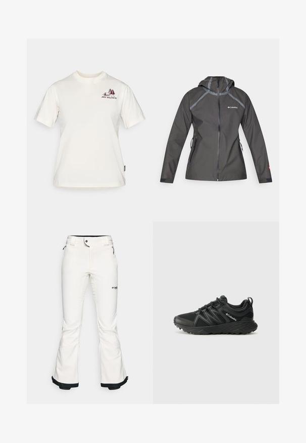 Tumši pelēkā ūdensnecaurlaidīgā jaka ar kapuci, kurai ir šuvju akcenti, rāvējslēdzēja kabatas un logo uz krūtīm. Strukturēts audums.; Jack Wolfskin CADENA - Apdrukāts T-krekls - white; Baltas slēpošanas bikses, kas izgatavotas no mīksta, elastīga materiāla. Aizdare ir pielāgota viduklim, plašas, izplestas kājas un melns apdare pie piedurknēm. Redzams zīmola logo.; Columbia PEAKFREAK - Pārgājienu apavi - black