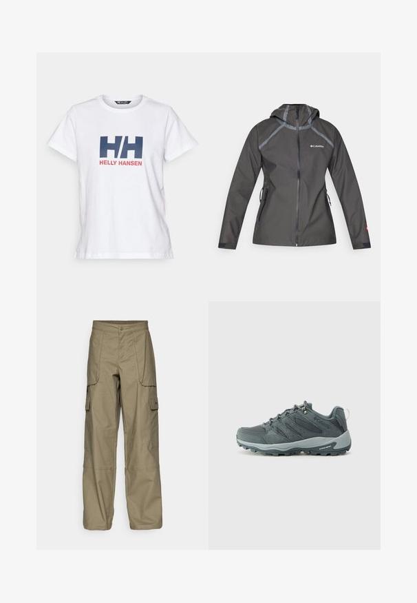 Tmavě šedá voděodolná bunda s kapucí, ozdobená švy, kapsami na zip a logem na hrudi. Texturovaná látka.; Helly Hansen HH LOGO
- Triko s potiskem - white; Kargo kalhoty v olivově zelené tkanině, které mají volný střih, více bočních kapes a knoflíkový uzávěr v pase. Hladká textura.; Tmavě šedé trekingové boty s vrchním dílem z prodyšného materiálu a semiše, šněrovací design, polstrovaná podrážka a robustní podrážka s protiskluzovým vzorem.