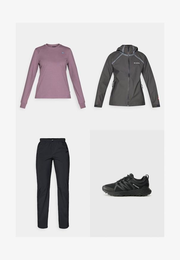 Tumši pelēkā ūdensnecaurlaidīgā jaka ar kapuci, kurai ir šuvju akcenti, rāvējslēdzēja kabatas un logo uz krūtīm. Strukturēts audums.; Garais piedurknes krekls izklātā lavandas krāsā. Izgatavots no mīksta auduma ar apaļu kakla izgriezumu, ar nelielu zilu logo uz krūtīm un pieguļošām piedurknēm.; Melnas, vieglas, ūdensizturīgas bikses ar elastīgu jostu un divām sānu kabatām; gluda tekstūra; taisnu kāju dizains.; Columbia PEAKFREAK - Pārgājienu apavi - black
