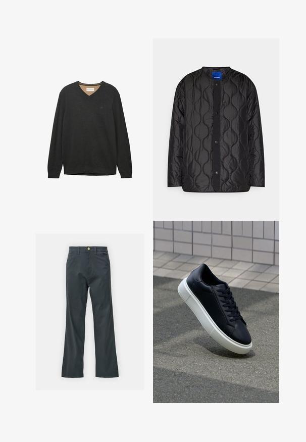 Schwarze gesteppte Jacke mit rundem Kragen, Druckknopf-Frontverschluss und strukturiertem Wellenmuster auf dem Stoff.; Schwarzer V-Ausschnitt-Pullover mit langen Ärmeln, aus einem weichen, strukturierten Stoff gefertigt. Besitzt ein dezentes Logo auf der Brust sowie Rippbündchen am Hals und an den Ärmeln.; Schwarze Hose mit geradem Bein, aus einem Baumwollmix. Verfügt über einen Metallknopfverschluss und seitliche Taschen. Keine sichtbaren Muster.; Schwarze Leder-Sneaker mit runder Zehenpartie und weißer Gummisohle. Verfügt über flache Schnürsenkel und minimale Nähte im Obermaterial. Strukturiertes Sohlenprofil für besseren Halt.