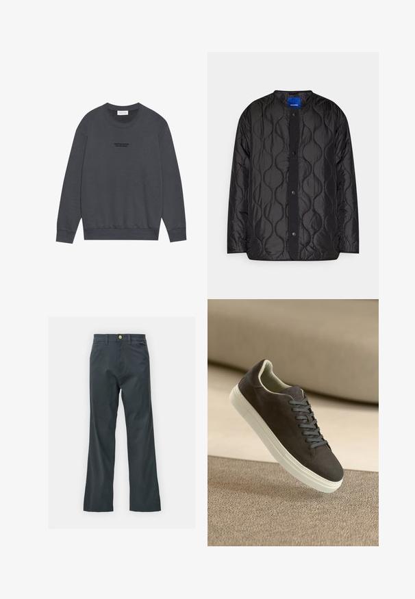 Jachetă neagră matlasată cu guler rotund, închidere frontală cu capse și model texturat în valuri pe țesătură.; Pier One Bluză de molton - dark grey; Pantaloni negri cu croi drept, confecționați dintr-un material din bumbac. Dispun de un închidere cu nasture metalic și buzunare laterale. Fără modele vizibile.; Sneaker din suede gri închis cu șireturi asortate și talpă din cauciuc albă, poziționat deasupra unei suprafețe bej texturate cu un fundal moale.