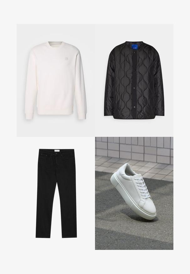 Čierna prešívaná bunda s okrúhlym golierom, zapínaním na cvočky a textúrovaným vlnitým vzorom na látke.; Biela mikina vyrobená z jemného materiálu, s okrúhlym výstrihom, dlhými rukávmi, pružnými manžetami a malým štvorcovým logom na hrudi.; Čierne džínsy rovného strihu s piatimi vreckami, zapínanie na gombík a zips a s etiketou značky Pier One na páse.; Biele kožené tenisky s hladkým povrchom, okrúhlym špičkou a plochými bielymi šnúrkami. Obsahuje štruktúrovanú gumovú podrážku a minimalistický dizajn.
