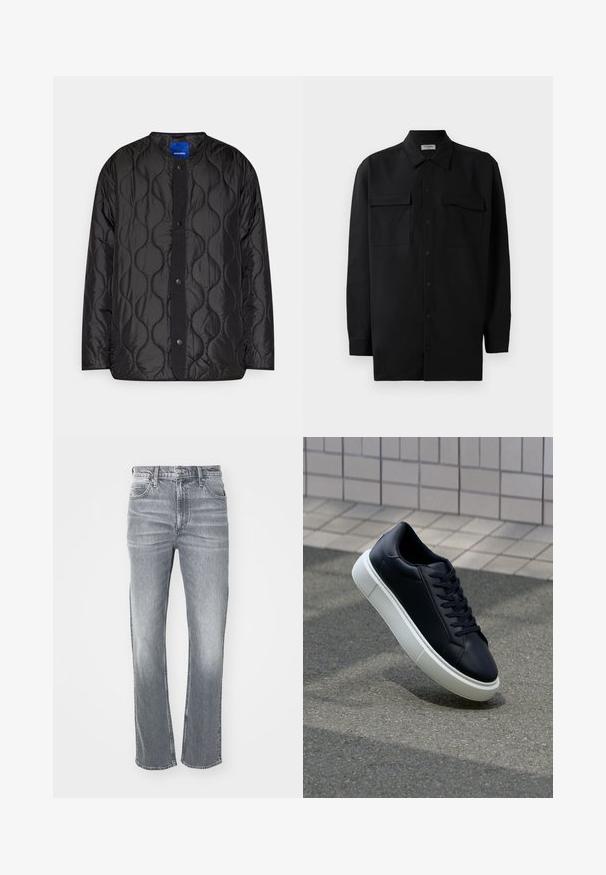 Musta täytetty takki, jossa on pyöreä kaulus, nepparikiinnitys edessä ja karheaa aaltoilevaa kuvioita kankaassa.; Musta napillinen paita, joka on valmistettu sileästä kankaasta. Paita sisältää klassisen kaulan, kaksi etutaskua ja pitkät hihat, joissa on nappivarat.; Harmaat farkut suoran lahkeiden leikkauksella, joissa on klassinen viisi-taskuinen muotoilu, vyölenkit ja hienovarainen haalistuminen tekstuurin saamiseksi.; Mustat nahkakengät, joissa on pyöristetty kärki ja valkoinen kumipohja. Varusteena litteät nauhat ja minimaalinen ommel ylhäällä. Teksturoitu pohja pitävyyden lisäämiseksi.