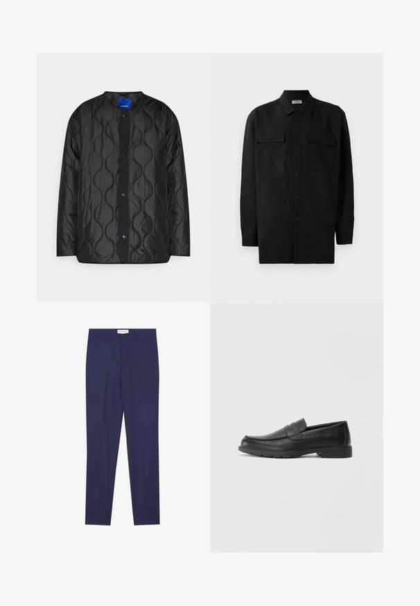 Mustmustrits jakK, millel on ümmargune krae, nööpidega esine sulgemine ja tekstureeritud laine muster kangal.; Mustmust värvi nööpidega särk, mis on valmistatud sujuvast kangast, klassikalise kraega, kahe eesmise tasku ja pikkade varrukatega, millel on nööpidega mansetid.; Tumesinised pidžaamapüksid sujuvast kangast, millel on lame esikülg, kaks küljetaskut, lukuga tõmblukk ning puhas äär ilma mustrite või aktsentideta.; Musthave nahkkingad siledast nahast, mokassiini stiilis ülevalt, tikanditega ja kummist tallaga. Klassikaline disain madala kontsaga.