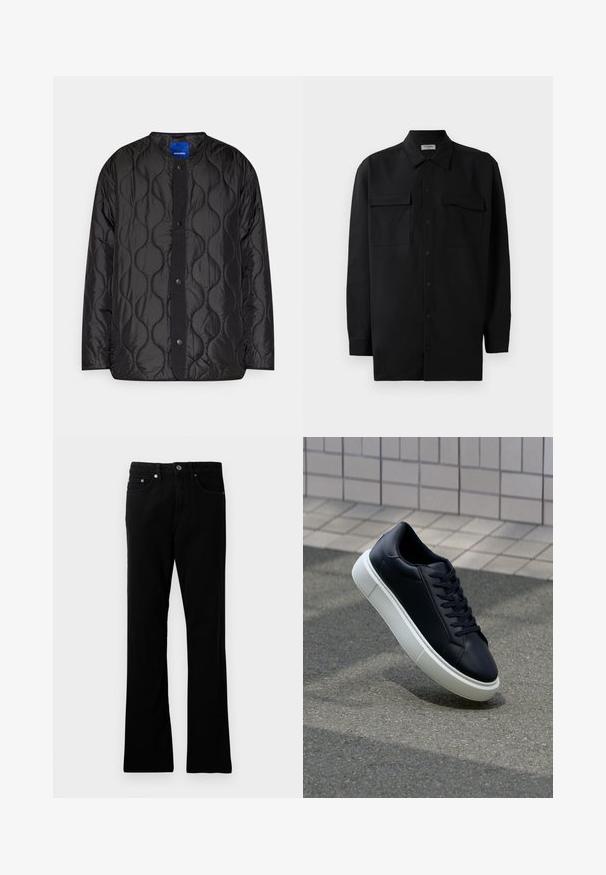 Mustmustrits jakK, millel on ümmargune krae, nööpidega esine sulgemine ja tekstureeritud laine muster kangal.; Mustmust värvi nööpidega särk, mis on valmistatud sujuvast kangast, klassikalise kraega, kahe eesmise tasku ja pikkade varrukatega, millel on nööpidega mansetid.; Mustad denim püksid sirge lõikega, viie taskuga, metallne nööp sulgemiseks ning peened õmbluse detailid. Sile tekstuur ja ühtlane värv.; Mustast nahast tennisetoss, millel on ümar nina ja valge kummist tall. Omab siredaid paelu ja minimaalset õmblemist ülemises osas. Tekstuuriga tald, mis tagab haakuvuse.