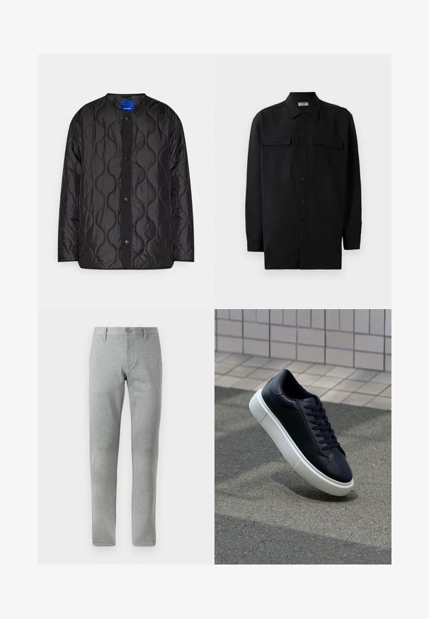 Melna, quiltota jaka ar apaļu apkakli, pogu aizdari priekšpusē un teksturētu viļņu rakstu uz auduma.; Melnā pogu krekla, kas izgatavota no gludas auduma, ar klasisku apkakli, divām priekšējām kabatām un garām piedurknēm ar pogu aprocēm.; Pelēki taisni bikses, izgatavotas no struktūrizēta auduma. Aprīkotas ar pogu aizdari, jostas cilpām un sānu kabatām funkcionalitātes nodrošināšanai.; Melnas ādas kedas ar noapaļotu pirkstu un baltu gumijas zoli. Iespējas - plakanas šņorītes un minimāla apdare augšdaļā. Struktūrēta zole, lai nodrošinātu saķeri.