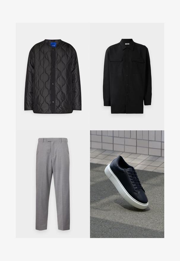 Svart quiltet jakke med rund krage, trykknap-lukking foran og teksturert bølge-mønster på stoffet.; Svart skjorte med knapper laget av glatt stoff, med klassisk krage, to frontlommer og lange ermer med knappe mansjetter.; Grå dressbukser laget av teksturert stoff, med rett ben-design, frontbukser, og standard midje med beltehemper.; Sorte skinnsneakers med rund tå og hvit gummisåle. Har flate lisser og minimal søm på overdelen. Strukturert såle for grep.
