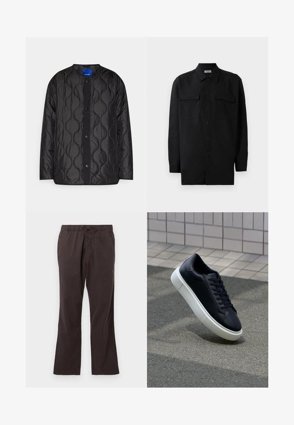 Černá prošívaná bunda s kulatým límcem, uzavíráním na cvoky a strukturovaným vlnitým vzorem na látce.; Černá košile na knoflíky vyrobená z hladké tkaniny, s klasickým límcem, dvěma předními kapsami a dlouhými rukávy s knoflíkovými manžetami.; Tmavě hnědé kalhoty s elastickým pasem a šňůrkou, s rovnými nohavicemi a hladkým, strukturovaným materiálem.; Černé kožené tenisky s kulatou špičkou a bílou gumovou podrážkou. mají ploché tkaničky a minimální šití na svršku. Texturovaná podrážka pro lepší přilnavost.