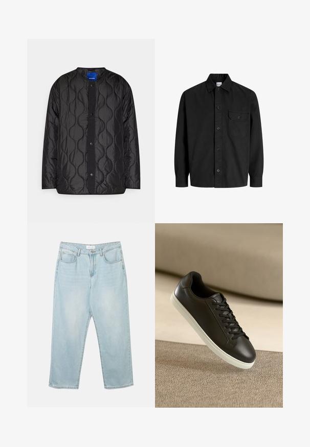 Chaqueta de acolchado negra con cuello redondo, cierre frontal con botones a presión y patrón de olas texturizado en la tela.; Camisa de manga larga negra con botones, cuello y un solo bolsillo en el pecho con solapa abotonada.; Jeans de mezclilla azul claro con un corte relajado, cinco bolsillos, cierre de botón y ligeras desgastadas. La textura es suave y ligeramente usada.; Zapatilla de cuero negra con suela de goma blanca y cordones negros, posicionada sobre una superficie y fondo de tela beige.