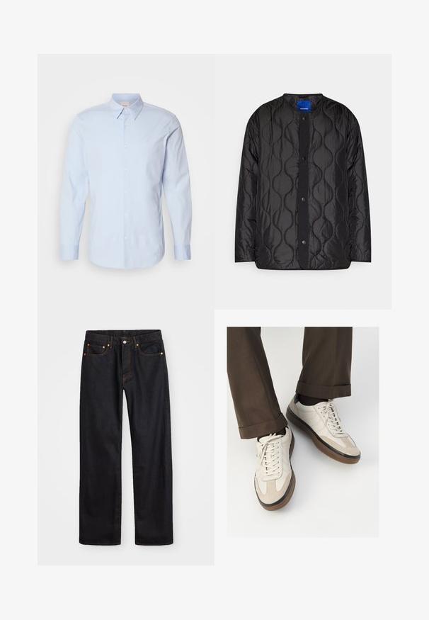 Jachetă neagră matlasată cu guler rotund, închidere frontală cu capse și model texturat în valuri pe țesătură.; Cămașă lungă cu mânecă, de culoare albastru deschis, din bumbac, cu guler clasic, având un mic logo pe piept și un tiv drept.; Jeans negri din denim pentru bărbați, cu croială dreaptă, cinci buzunare și cusături portocalii, închidere cu nasture și fermoar pe talie.; Adidași bej cu un vârf din suede texturat, laterale din piele netedă și o talpă din cauciuc maro. Șireturile și detalii de cusătură subtilă incluse.