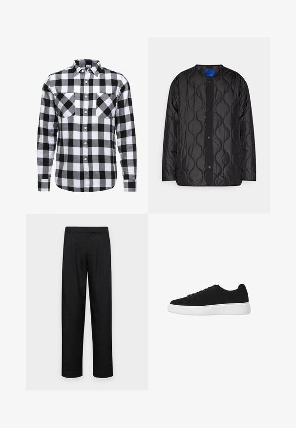 Zwarte gewatteerde jas met een ronde kraag, drukknopen aan de voorkant en een getextureerd golfpatroon op de stof.; Zwart-wit geruit overhemd met lange mouwen, twee borstzakken en een klassieke kraag. Gemaakt van een zachte stof.; Zwarte broeken van gladde stof, met een recht model, twee voorknikken en een standaard tailleband met riemlussen.; Zwarte suède sneaker met een afgeronde neus, vetersluiting aan de voorkant en witte rubberen zool. Eenvoudig ontwerp met minimale accenten en een gladde textuur.