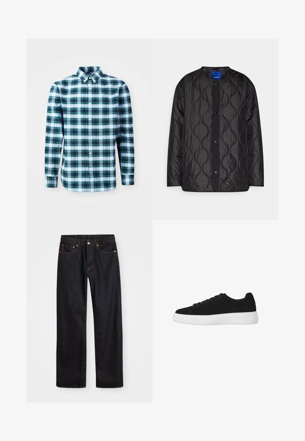 Juodas siuvinėtas švarkas su apykakle, užsegimu priekyje ant spaudžių ir tekstūruota bangų raštu ant audinio.; Žalias ir baltas patikrintas ilgomis rankovėmis marškiniai su mygtukais ant apykaklės ir priekyje. Pagaminti iš lengvos medžiagos, pasižymi struktūrizuotu dizainu.; Vyrų tiesaus kirpimo juodi džinsai iš denim medžiagos, su penkiomis kišenėmis ir oranžinėmis siūlėmis, su mygtuko ir užtrauktuko uždarymu ant priekio.; Juodas zomšiniai sportbačiai su apvaliu nosiu, raišteliais priekyje ir baltu guminiu padu. Paprastas dizainas su minimaliais akcentais ir lygiu paviršiumi.