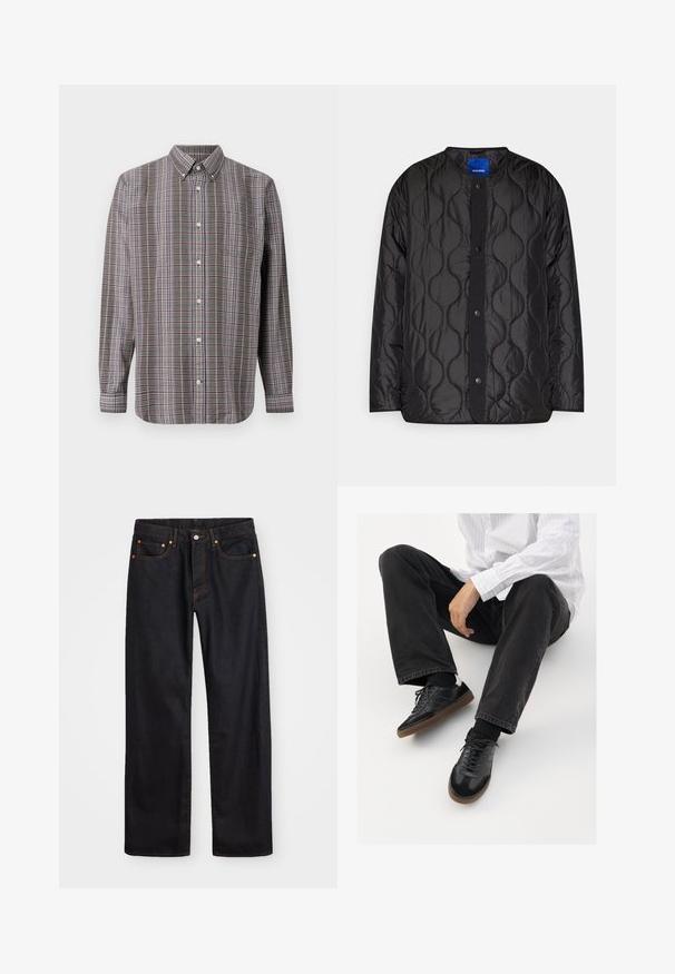 Black quilted jacket featuring a round collar, snap-button front closure, and textured wave pattern on the fabric.; Long-sleeve button-up shirt with brown, white, blue, and purple plaid pattern and a front pocket on a white background.; Men’s straight-leg black denim jeans with five pockets and orange stitching, button and zip closure on front waistband.; Black sneakers with a smooth and textured upper, featuring a rubber sole and dark laces. Paired with black jeans and a white striped shirt.