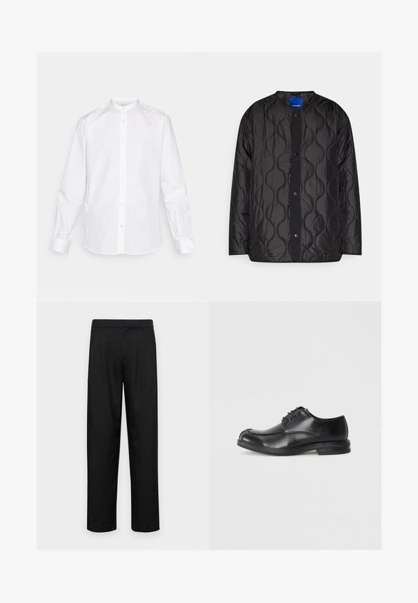 Melna, quiltota jaka ar apaļu apkakli, pogu aizdari priekšpusē un teksturētu viļņu rakstu uz auduma.; Balta garo piedurkņu krekls ar bandas apkakli, pogu priekšpusi un pogām aizdarināmām piedurknēm. Izgatavots no gludas auduma ar skaidru apdari.; Melnas bikses, izgatavotas no gludas auduma, ar taisnu kāju dizainu, divām priekšējām krokām un standarta jostu, kurai ir āķi.; Melnas ādas kurpes ar auklām, apaļu purngalu, gludu tekstūru un zemu papēdi. Iekļautas dūriena detaļas gar augšdaļu un sāniem.