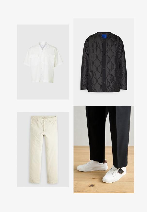 Juodas siuvinėtas švarkas su apykakle, užsegimu priekyje ant spaudžių ir tekstūruota bangų raštu ant audinio.; Trumpas balto sviesto marškiniai su dviem priekinėmis kišenėmis, pagaminti iš lengvos medžiagos, su subtiliu vertikaliu juostelių raštu.; Šviesiai smėlinės spalvos laisvi kelnės su trimis kišenėmis, diržo kilpos ir tiesiomis kojomis. Pagamintos iš minkštos medvilnės mišinio audinio.; Balti sportbačiai su glotnia danga, puošti rudais odiniais akcentais ir juodais detalėmis, derinami su juodais pritaikytais kelnėmis. Medinių grindų fonas.
