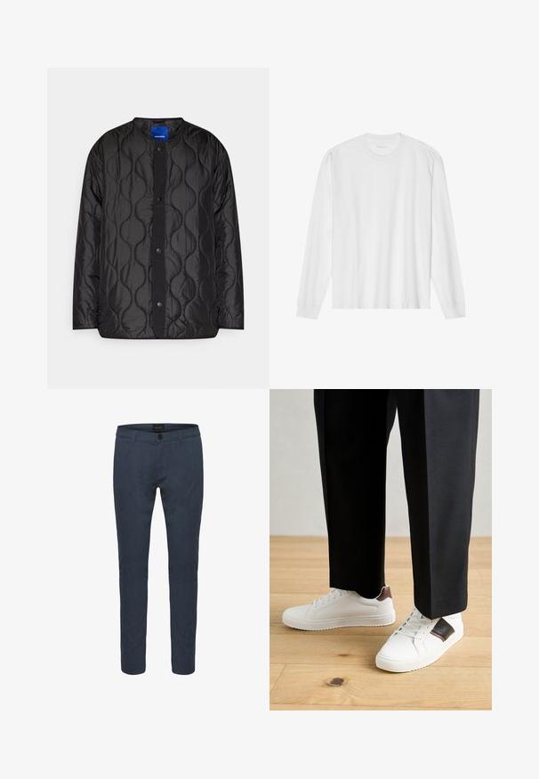 Svart quiltet jakke med rund krage, trykknap-lukking foran og teksturert bølge-mønster på stoffet.; Langarmet hvit t-skjorte i bomull med rund hals og ribbestrikkede mansjetter. Enkelt, uornamentert design med glatt tekstur og standard passform.; Mørkeblå skreddersydde bukser laget av stoff, med knappelukking, frontlommer og en smal passform. Jevn tekstur med subtil glans.; Hvite sneakers med glatt tekstur, med brune skinnakenter og svart detaljer, parret med svarte skreddersydde bukser. Bakgrunn med tregulv.
