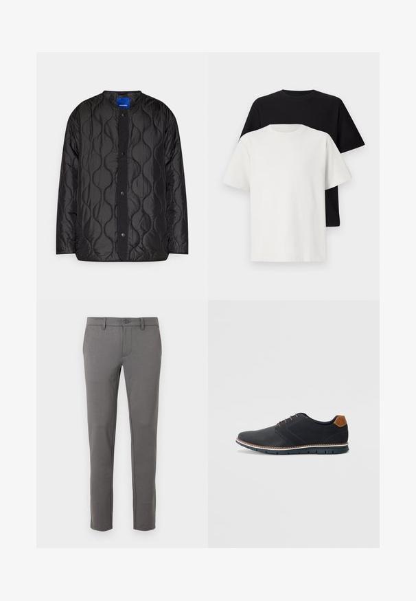 Black quilted jacket featuring a round collar, snap-button front closure, and textured wave pattern on the fabric.; Cotton t-shirt set featuring a black top and a white top, both with short sleeves, round neckline, and standard fit. Textured fabric.; Grey tailored chinos featuring a slim fit, smooth cotton blend fabric, front button closure, and subtle stitching details.; Black synthetic shoes with a textured upper, smooth accents, brown heel, and a contrasting sole. Features minimal lacing and stitch details.