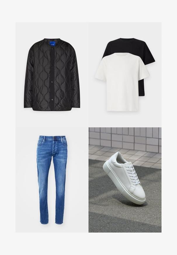 Schwarze gesteppte Jacke mit rundem Kragen, Druckknopf-Frontverschluss und strukturiertem Wellenmuster auf dem Stoff.; Baumwoll-T-Shirt-Set bestehend aus einem schwarzen Oberteil und einem weißen Oberteil, beide mit kurzen Ärmeln, Rundhalsausschnitt und normaler Passform. Texturiert.; Blaue Jeans aus Denim mit gerader Passform, Fünf-Taschen-Design und einem ausgewaschenen Finish. Mit Knopfverschluss vorne und Gürtelschlaufen.; Weiße Leder-Sneaker mit glatter Oberfläche, runder Zehenpartie und flachen weißen Schnürsenkeln. Verfügt über eine strukturierte Gummisohle und minimalistische Designelemente.