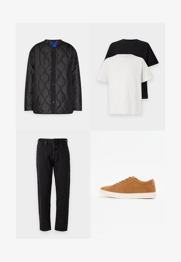 Juodas siuvinėtas švarkas su apykakle, užsegimu priekyje ant spaudžių ir tekstūruota bangų raštu ant audinio.; Medvilniniai marškiniai, kuriuos sudaro juodas ir baltas marškinėliai, abu su trumpomis rankovėmis, apvaliu iškirpimu ir standartiniu sijonu. Tekstūruota medžiaga.; Juodos džinsinės kelnės su tiesių kojų dizainu, penkiais kišenėmis ir metaliniu mygtuko užtrauktuku. Medžiaga yra minkšta, su minimaliu išblukimu.; Rudos zomšos sportbačiai su žemu dizainu, balta gumine padu ir apvaliu pirštu. Yra atitinkamos raišteliai ir minimalus ženklinimas ant kulno.