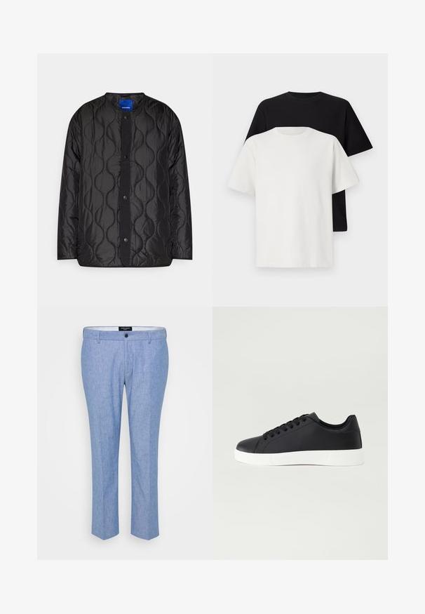 Black quilted jacket featuring a round collar, snap-button front closure, and textured wave pattern on the fabric.; Cotton t-shirt set featuring a black top and a white top, both with short sleeves, round neckline, and standard fit. Textured fabric.; Light blue trousers made of textured fabric, featuring a straight cut, belt loops, and a single front button closure.; Pier One UNISEX - Trainers - black