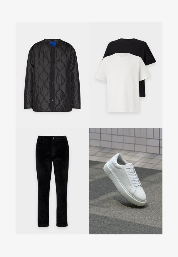 Fekete steppelt kabát kerek gallérral, kapcsos elülső záródással és texturált hullámmintával az anyagon.; Pamut póló szett, amely egy fekete és egy fehér pólót tartalmaz, mindkettő rövid ujjú, környakú és normál fazonú. Texturált anyag.; Fekete kordbársony nadrág egyenes lábmegoldással, elülső gombos záródással, övhurkokkal és felgöngyölt szárakkal a részletek fokozása érdekében.; Fehér bőr sportcipő sima felülettel, kerek orral és lapos fehér fűzőkkel. Texturált gumitalppal és minimális dizájnelemekkel rendelkezik.