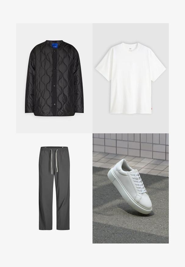 Čierna prešívaná bunda s okrúhlym golierom, zapínaním na cvočky a textúrovaným vlnitým vzorom na látke.; Biela tričko s krátkym rukávom vyrobené z bavlny s klasickým výstrihom. Má jemne embosované logo na prednej strane a červenú etiketu na leme.; Sivé, ľahké nohavice s elastickým pásom a bielym šnúrkami. Voľný strih, hladká textúra, žiadne viditeľné vzory ani akcenty.; Biele kožené tenisky s hladkým povrchom, okrúhlym špičkou a plochými bielymi šnúrkami. Obsahuje štruktúrovanú gumovú podrážku a minimalistický dizajn.